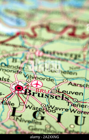Brüssel Belgien, auf Atlas Welt Karte Stockfoto