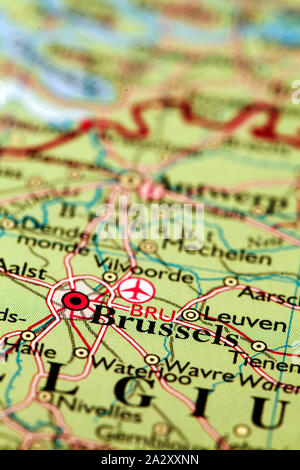 Brüssel Belgien, auf Atlas Welt Karte Stockfoto