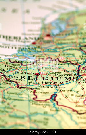 Karte von Belgien auf Atlas Welt Karte Stockfoto