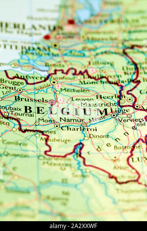 Karte von Belgien auf Atlas Welt Karte Stockfoto