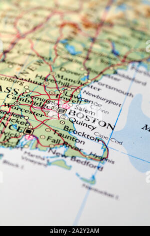 Boston USA, auf Atlas Welt Karte Stockfoto