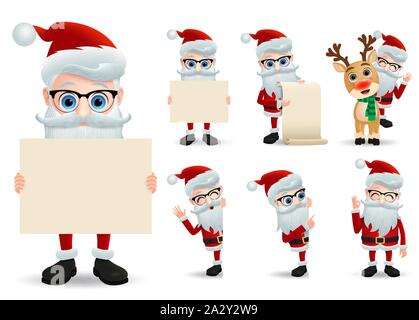 Santa claus Vektor Zeichen gesetzt. Santa Claus Weihnachten Charakter holding Wunschliste und zeigt leere Tafel oder Papier mit srcoll glückliches Gesicht. Stock Vektor