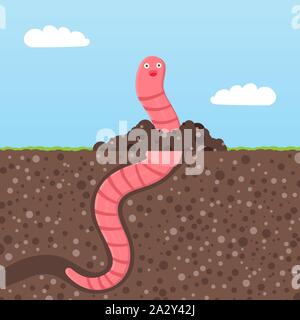 Regenwurm Zeichentrickfigur Symbol Seufzer. Wurm mit Gesichtsausdruck smilling bis über dem Boden Flat Style Design Vector Illustration Pop. Crawling anim Stock Vektor