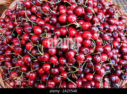 Viele frische rote Kirschen in Korb für Verkauf an den Markt Stockfoto