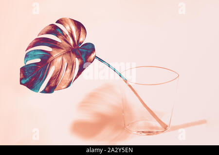 Kreativ, bunt von Bronze mit Blau, tropischen Palmen monstera Blatt in transparentem Glas Vase und ihren Schatten auf trendigen rosa Hintergrund. Exotische trendy s Stockfoto
