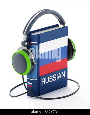 Russisch Wörterbuch mit Kopfhörern auf weißem Hintergrund. 3D-Darstellung. Stockfoto