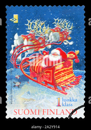 Finnland - ca. 1991: Stempel von Finnland gedruckt, zeigt Rentiere ziehen Santa sleigh, ca. 1991 Stockfoto