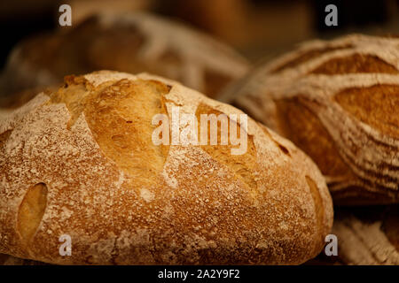 Frische runde Roggen Brot mit knuspriger Kruste. Rustikale Bio-lebensmittel. Close-up, selektive konzentrieren. Stockfoto