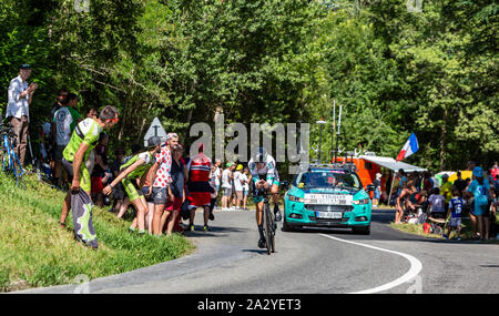 Bosdarros, Frankreich - 19 Juli, 2019: Der österreichische Radprofi Patrick Konrad von Team Bora-Hansgrohe reiten während der Stufe 13, Einzelzeitfahren, von Le Tour de France 2019. Stockfoto