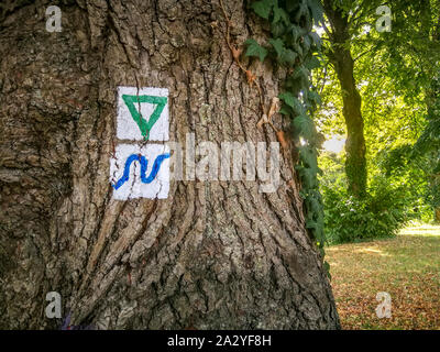 Typisch deutsche lackiert Trail Markierungen auf einer Baumstruktur, die die Richtung der Wanderwege Stockfoto