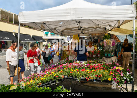 Blumenstand in der Straße Markt an der Strandpromenade von Viareggio mit Menschen und Touristen Blumen kaufen in einem sonnigen Sommertag, Versilia, Toskana, Italien Stockfoto