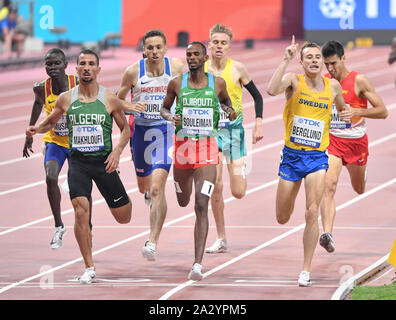 1500 m Serie: Kalle Berglund, Ayanleh Souleiman, Taoufik Makhloufi, Neil Gourley, Ronald Musagala, Jesus Gomez, Stewart Mcsweyn. IAAF Leichtathletik WM, Doha 2019 Stockfoto