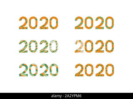 Satz von 2020 Inschriften. Schriftzug mit nahtloser Muster innen. Dekoration mit Punkten, Kurven, Sterne und Herzen formen. Vector Illustration. Stock Vektor