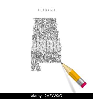 Alabama Skizze scribble Karte auf weißem Hintergrund. Hand Vektorkarte von Alabama gezogen. Realistische 3D-Bleistift mit Gummi. Stock Vektor