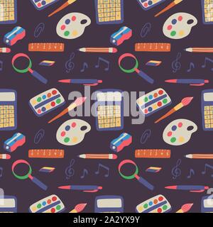 Nahtlose Muster zurück zu Schule auf blauem Hintergrund. Moderne Tapeten Bildung backgdrop Design. Cartoon Stil. Vektor handgezeichnete Illustrationen. Stock Vektor