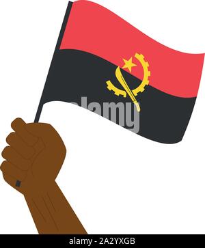 Hand und Anhebung der nationalen Flagge von Angola Stock Vektor