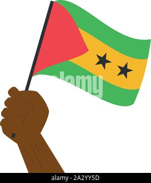 Hand und Anhebung der nationalen Flagge von São Tomé und Príncipe Stock Vektor