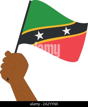 Hand und Anhebung der nationalen Flagge von Saint Kitts und Nevis Stock Vektor