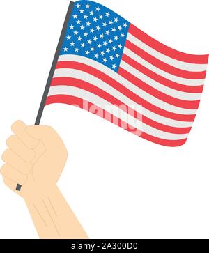 Hand und Anhebung der nationalen Flagge der Vereinigten Staaten von Amerika Stock Vektor