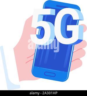 5 G isometrische Konzept männliche Hand hält ein Handy und nutzt drahtlose Internet. Marketing Website Landung Vorlage. Stock Vektor