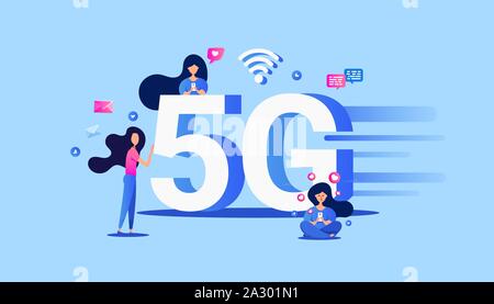 Modernes 5G-Netzwerk Wireless Technologie Konzept von Menschen mit Gadgets verwenden, High Speed Internet Stock Vektor