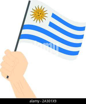 Hand und heben die Nationalflagge von Uruguay Stock Vektor