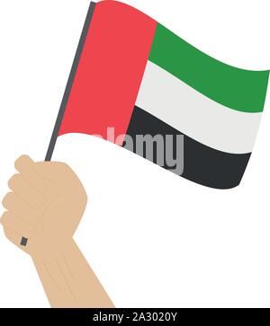 Hand und heben die Nationalflagge von Vereinigte Arabische Emirate VAE Stock Vektor