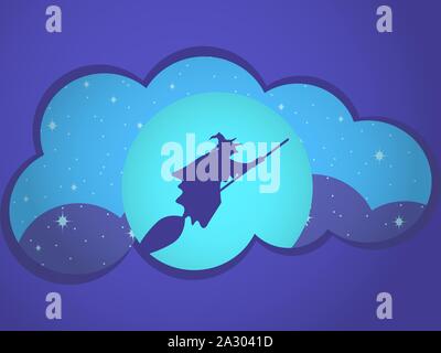 Hexe auf einem Besen vor dem Hintergrund der Mond. Papier schneiden Stil. Halloween, den 31. Oktober. Vector Illustration Stock Vektor