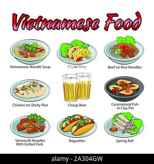 Satz von köstlichen und berühmten Essen von Vietnam in bunten Farbverlauf Stilikone, Vektor, Abbildung Stock Vektor