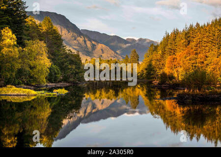 Zuvor noch nicht emittierte Foto von Bäumen mit Herbstfarben in der Stille Wasser von Glencoe Lochan in den schottischen Highlands. Stockfoto