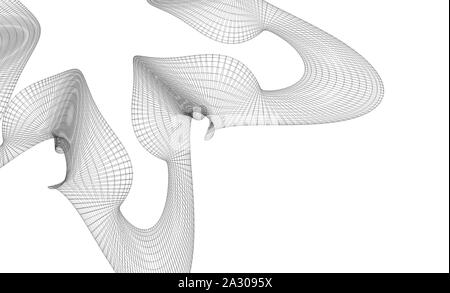 Abstrakte parametrische Schwarz wire-frame mesh Struktur auf weißem Hintergrund, 3D-Rendering illustration Stockfoto