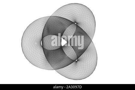 Schwarz wire-frame Torus knot, geometrische Darstellung von parametrischen Fläche auf weißem Hintergrund. 3D Rendering illustration Stockfoto