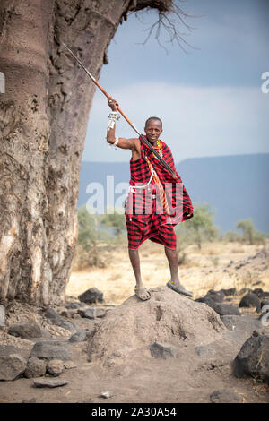 Arusha, Tansania, 7. September 2019: Masai Krieger in einer Landschaft des nördlichen Tansania: Savanne Stockfoto