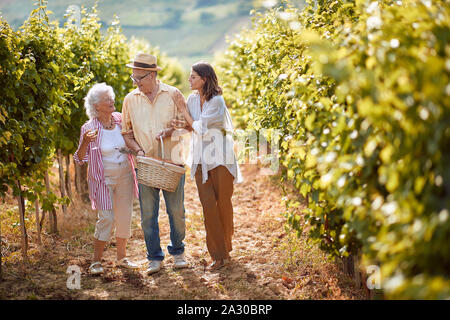 Reife Trauben im Weinberg. Familie Weinberg. Lächelnd Familie wandern in zwischen den Reihen von Reben Stockfoto