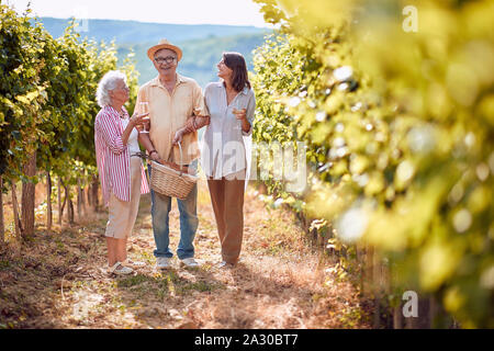 Traube Weinberg Felder. Weinlese. Lächelnd Familie wandern in zwischen den Reihen von Reben Stockfoto