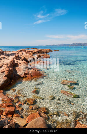 Die roten Felsen von Palombaggia Strand/Plage de Palombaggia, einem beliebten Scenic, klares Wasser, weißer Sandstrand, immergrüne Bäume im Südosten von Korsika Frankreich Stockfoto