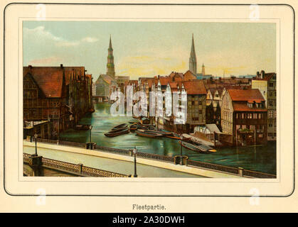 Europa, Deutschland, Hamburg, Flotte, im Hintergrund die Katharinenkirche und die Nikolaikirche, Chromolithographie aus: "Ansichten-Album Hamburg", herausgegeben von C. Schneider, Verlagsanstalt, Berlin NW., 1890er Jahre. / Europa, Deutschland, Hamburg, Kanal mit Fachwerkhäusern an der Rechten und Linken, im Hintergrund die Kirche St. Katharina und St. Nicholas' Church, Lithographie von: 'Ansichten-Album Hamburg' (Blick auf Hamburg), veröffentlicht durch C.Schneider, Berlin NW., über 1890Th. Stockfoto