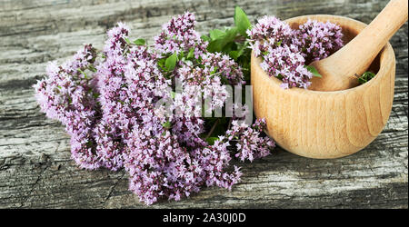 Oregano, Blumen, Holz- Mörtel und Bündel von wilden Majoran Knospen auf alten Texturierte rustikalen Holzmöbeln Hintergrund, Nahaufnahme, Kopie, alternative Medizin und Stockfoto