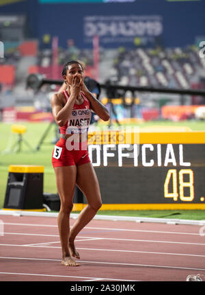 Salwa Eid Naser von Bahrain feiert während der Frauen 400 m - IAAF Leichtathletik WM bei Khalifa International Stadium in Doha. Credit: SOPA Images Limited/Alamy leben Nachrichten Stockfoto