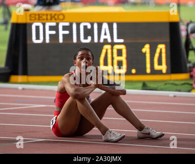 Salwa Eid Naser von Bahrain reagiert während der Frauen 400 m - IAAF Leichtathletik WM bei Khalifa International Stadium in Doha. Credit: SOPA Images Limited/Alamy leben Nachrichten Stockfoto