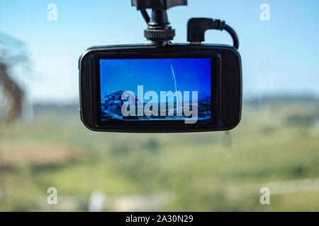 Windenergieanlage Fotos auf der Kamera im Auto. Stockfoto