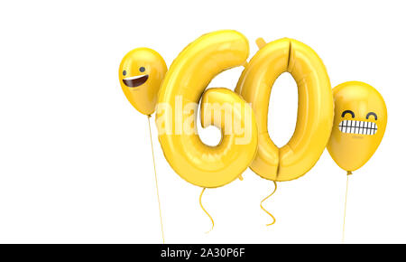 Nummer 60 Geburtstag ballloon mit emoji Gesichter Luftballons. 3D-Rendering Stockfoto