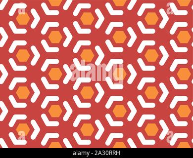 Vektor nahtlose geometrische Muster. Geformte orange Sechsecke, weiße Linien, Pfeile auf rotem Hintergrund. Stock Vektor