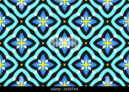 Vektor nahtlose geometrische Muster. Abgerundete weisse Diamanten und hell und dunkel Blau, Gelb, Schwarz Sterne und Quadrate auf schwarzem Hintergrund. Stock Vektor