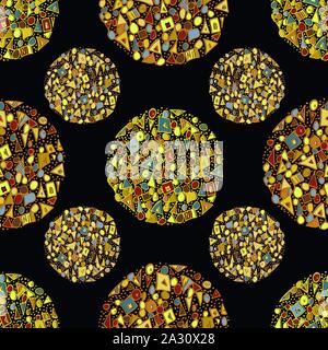 Schöne abstrakte gold Kreisen aus Dreiecken, Quadraten und Punkten erstellt. Die nahtlose Vektor Muster auf schwarzen Hintergrund. Bejeweled art deco Stil Stock Vektor