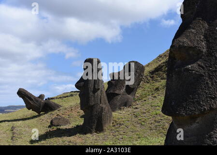 Die Osterinsel, Chile. 20 Sep, 2019. Moais auf der äußeren Hängen des Rano Raraku vulkanischen Krater gesehen. Moais sind monolithische menschliche Figuren, welche die Vorfahren vertreten. Sie wurden durch die Rapa Nui Menschen bei Rano Raraku, der moai Steinbruch auf der Osterinsel im östlichen Französisch-polynesien zwischen den Jahren 1250 und 1500 zeitgleich mit der Ankunft der Polynesier auf der Insel geschnitzt. Die meisten von ihnen wurden von dort transportiert und auf Stein Plattformen genannt Ahu um den Umfang der Insel. Quelle: John milner/SOPA Images/ZUMA Draht/Alamy leben Nachrichten Stockfoto