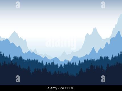 Realistische Darstellung der Berglandschaft mit Silhouetten von Nadelbäumen und Wald unter blauen Himmel mit Nebel oder Dunst und Platz für Text-vect Stock Vektor