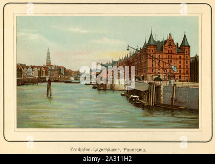 Europa, Deutschland, Hamburg, Lagerhäuser im Freihafen, sogenannte Speicherstadt am Zollkanal, im Hintergrund die Katharinenkirche, Chromolithographie aus: "Ansichten-Album Hamburg", herausgegeben von C. Schneider, Verlagsanstalt, Berlin NW.. 1890er-Jahre. /Europa, Deutschland, Hamburg, Lagerhallen im freien Port, in der Nähe der Zollkanal (Kanal), in der Kirche der St. Catherine's, Lithographie von: 'Ansichten-Album Hamburg' (Ansichten von Hamburg), veröffentlicht durch C. Schneider, Berlin NW., ca. 1890 Th. Stockfoto