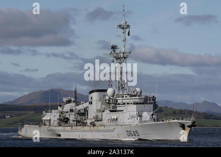 La Motte-Picquet (D 645), Georges Leygues-Klasse Fregatte von der Französischen Marine betrieben, vorbei an Greenock bei der Ankunft für Übung gemeinsame Krieger 19-2. Stockfoto