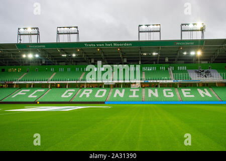 Groningen, Nederland. 04 Okt, 2019. GRONINGEN 04-10-2019, Fußball, niederländischen Eredivisie, Hitachi Kapitalmobilität Stadion, Saison 2019-2020, Innenansicht des Stadions Credit: Pro Schüsse/Alamy leben Nachrichten Stockfoto